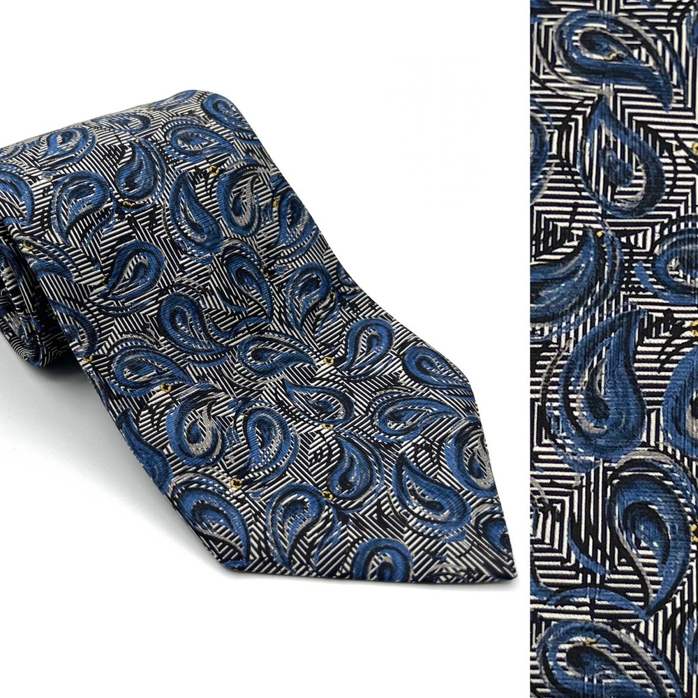 Robert Talbott Men's Silk Tie Teardrop Paisley Striped Blue Made in USA 4" EUC!